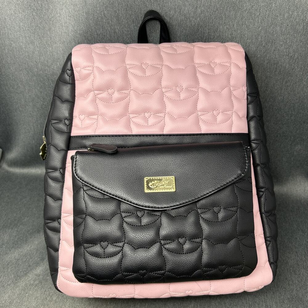 Luv Betsey Johnson Lorene Quilted Cat Face Pink Black Backpack with Crossbody - Picture 1 of 15